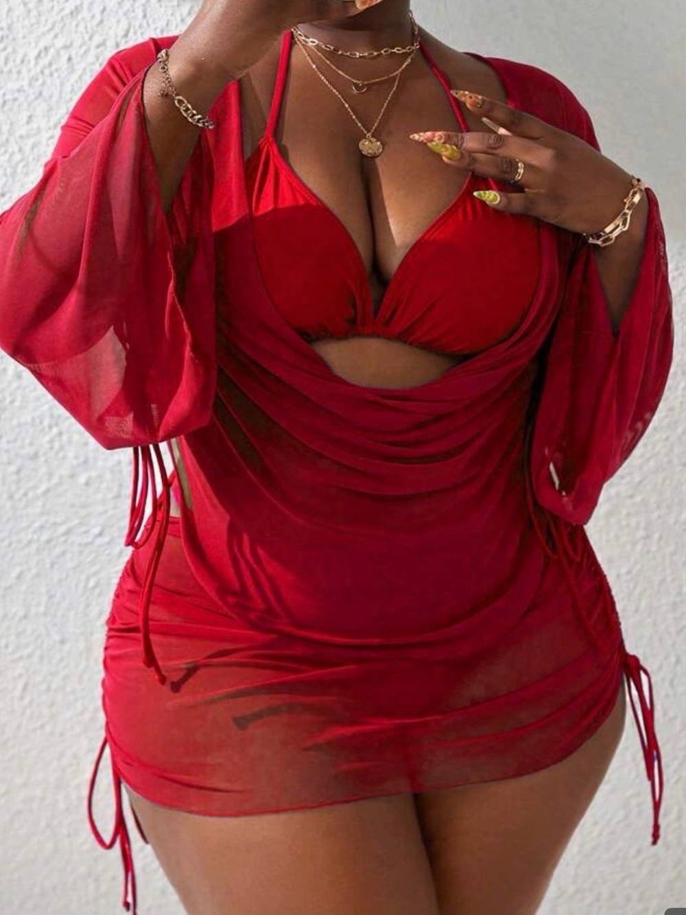 Red Sheer Draped Cutout Mini Dress